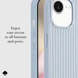 A light blue striped phone case shown on a smartphone, with text on the left reading 'Enjoy easy access to all buttons and ports.' and a small black spade logo at the bottom left.