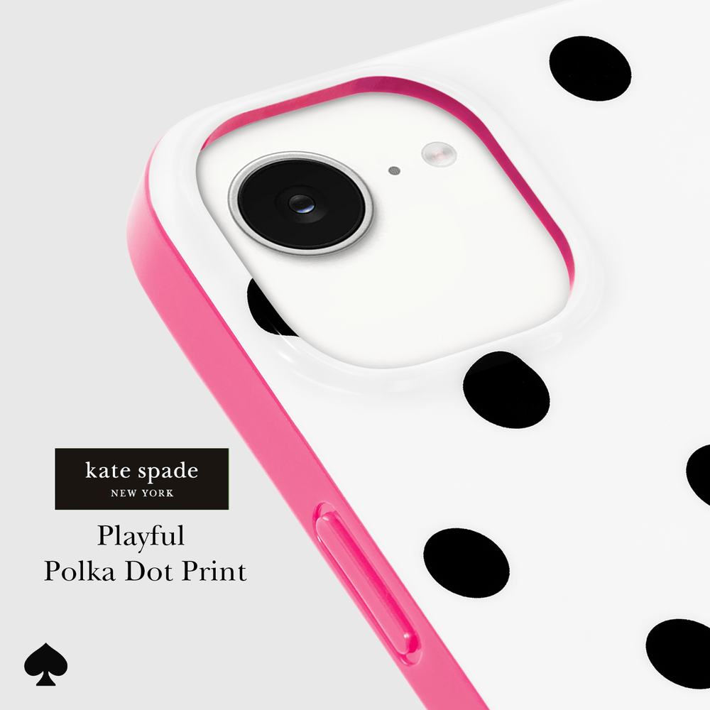 A close-up of a phone case with a white back decorated with black polka dots, a bright pink bumper edge, and a matching pink camera surround. The brand name 'kate spade NEW YORK' is displayed on the left, along with the text 'Playful Polka Dot Print' and a black spade icon.