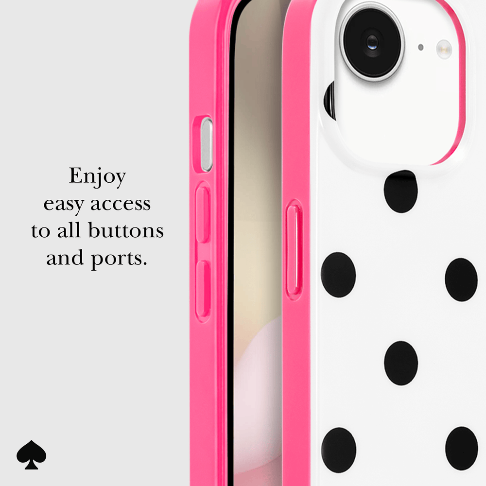 A close-up product shot of a phone case with a bright pink bumper and a white back decorated with black polka dots. The image includes a text overlay on the left that reads 'Enjoy easy access to all buttons and ports.