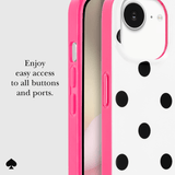 A close-up product shot of a phone case with a bright pink bumper and a white back decorated with black polka dots. The image includes a text overlay on the left that reads 'Enjoy easy access to all buttons and ports.