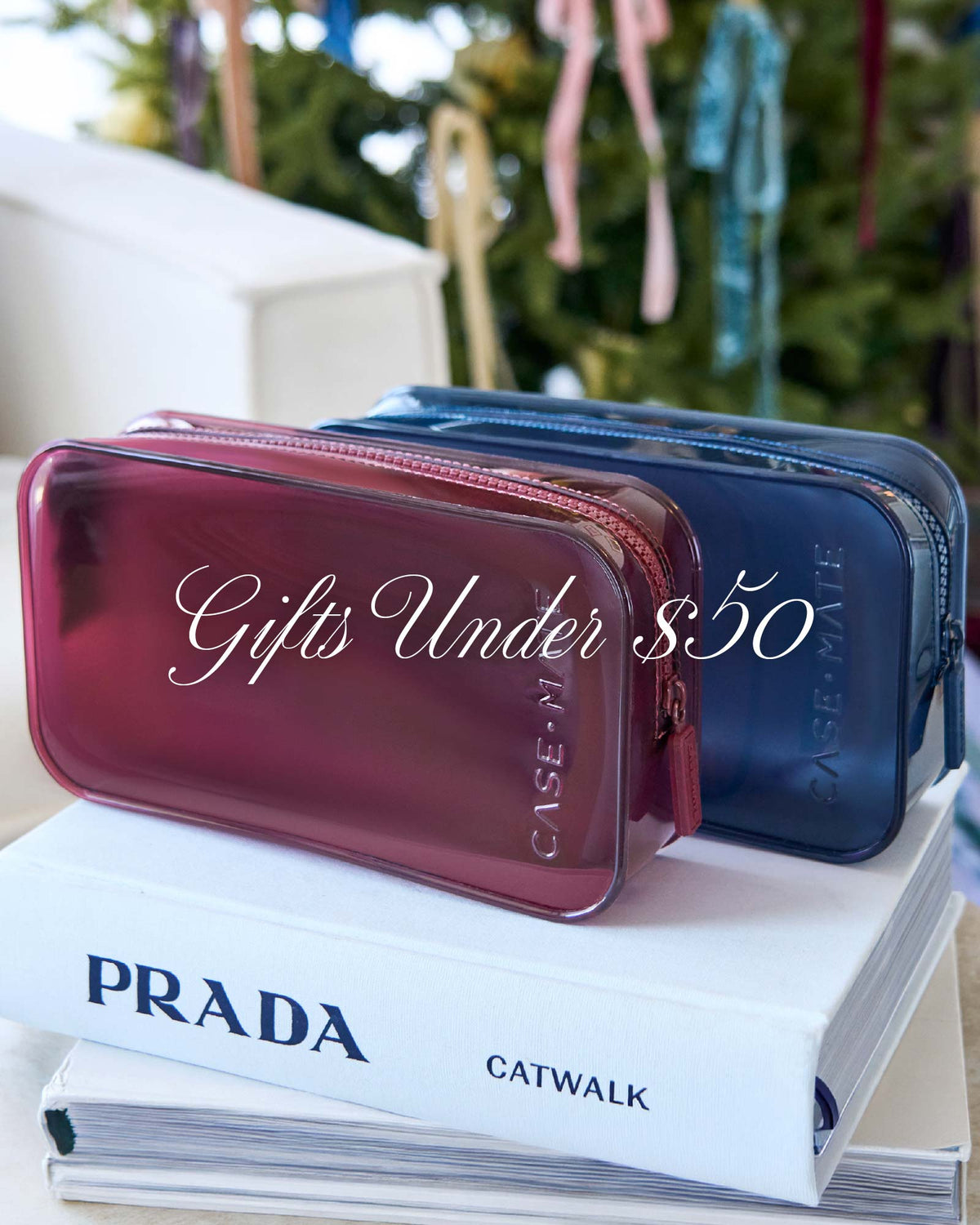 Gifts under $50 text over image of jelly makeup bags on a table surface