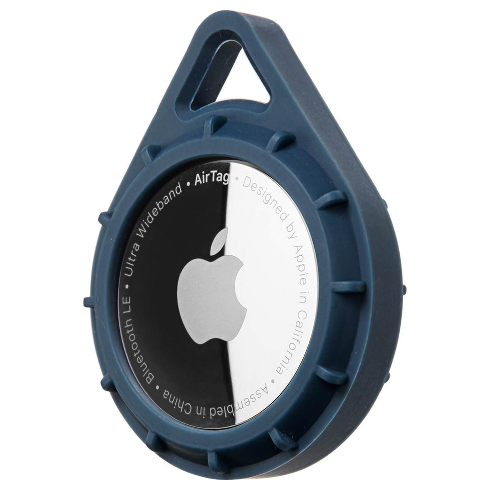 Up close of protective covering for AirTag. color::Navy