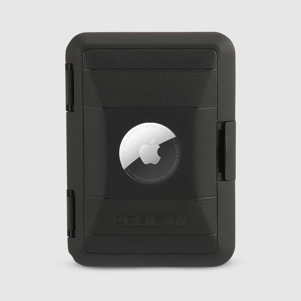 Black wallet with rounded corners, textured grip sections, card slot, and circular cutout displaying Apple AirTag.
