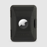 Black wallet with rounded corners, textured grip sections, card slot, and circular cutout displaying Apple AirTag.