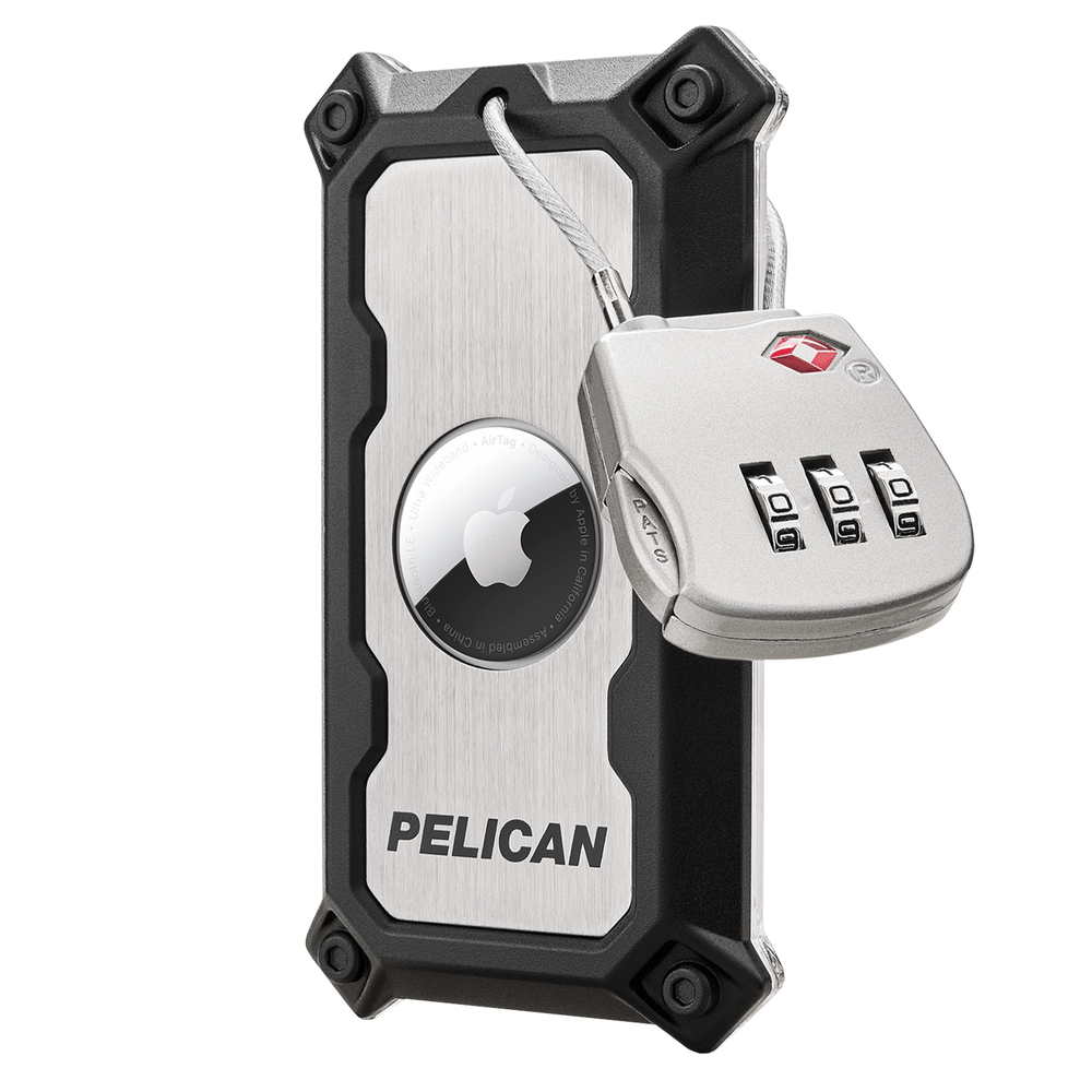 Brushed aluminum and black luggage lock with integrated AirTag holder and combination padlock attached by cable.