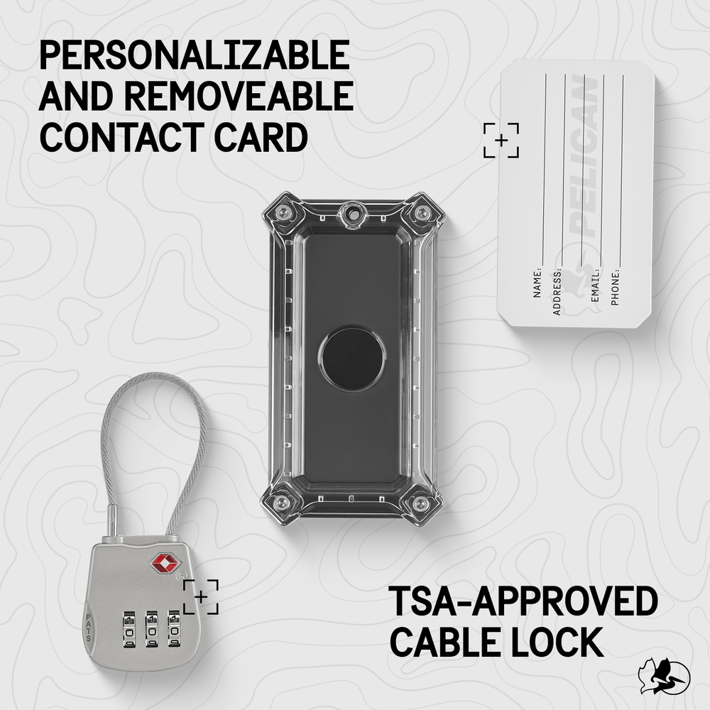 Brushed aluminum AirTag luggage lock with TSA-approved cable lock and removable contact card with personalization fields.