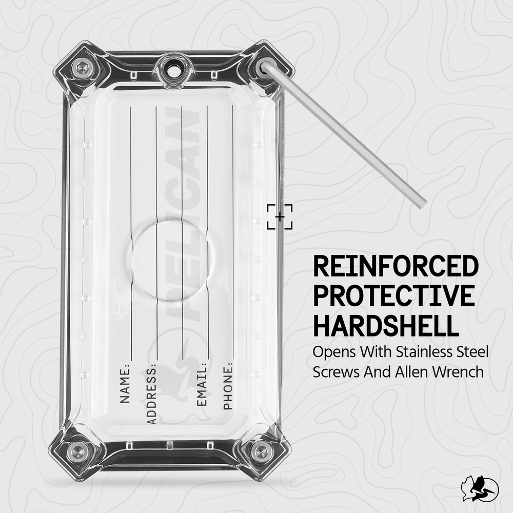 Clear protective case with brushed aluminum frame corners, attachment loop, and four corner screws with label fields for name