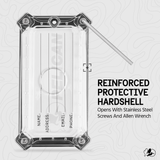 Clear protective case with brushed aluminum frame corners, attachment loop, and four corner screws with label fields for name