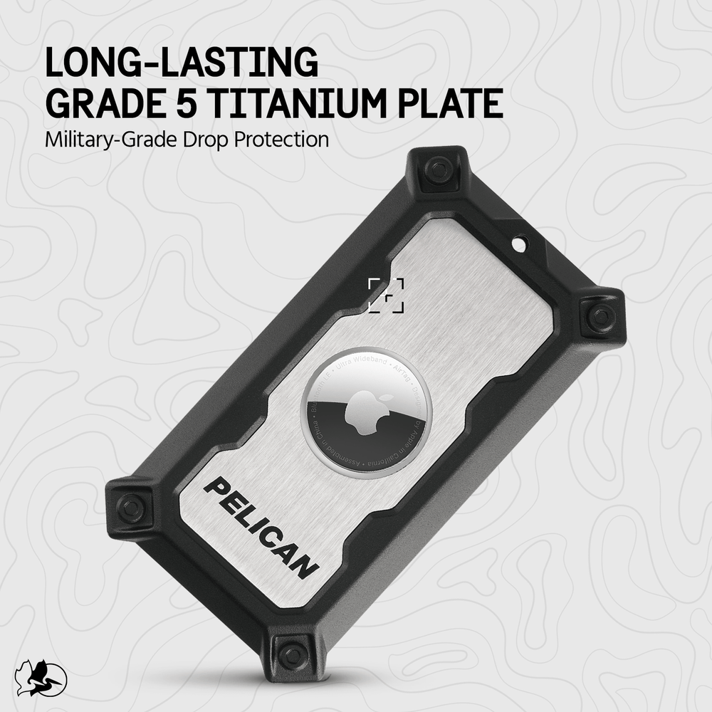 Brushed aluminum luggage lock with black rubber corners and circular AirTag holder, showing Pelican branding.