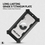 Brushed aluminum luggage lock with black rubber corners and circular AirTag holder, showing Pelican branding.