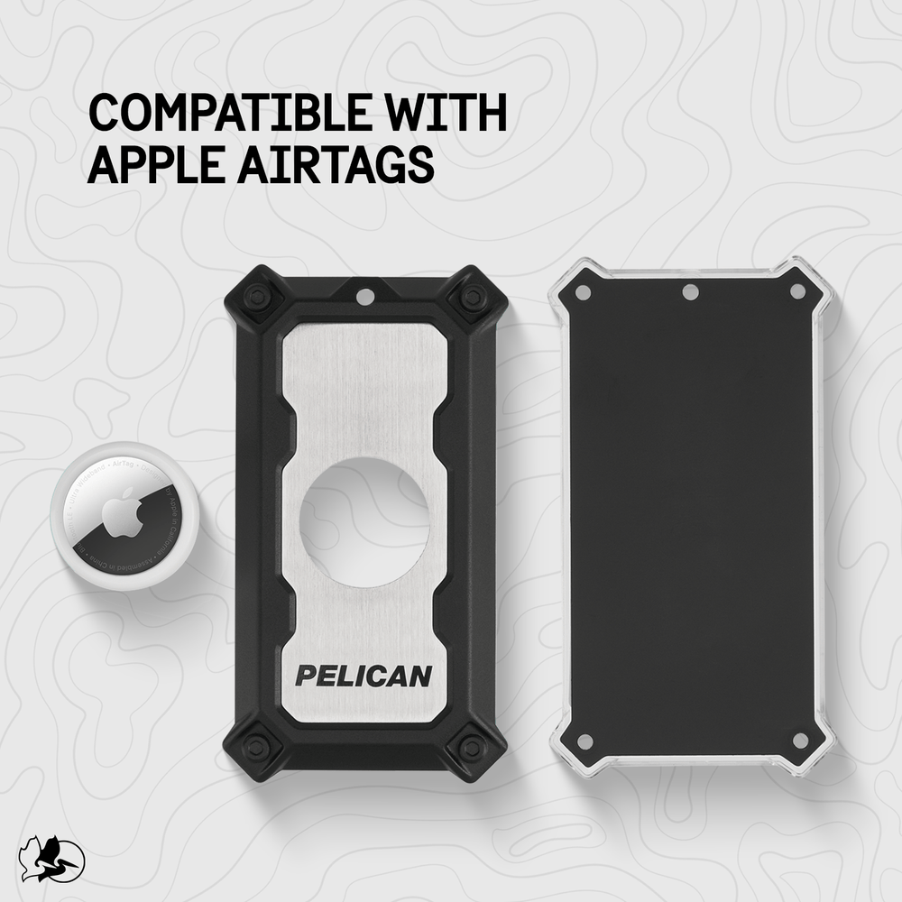 Brushed aluminum AirTag luggage lock with black protective frame, shown open and closed with AirTag tracker insert.