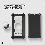 Brushed aluminum AirTag luggage lock with black protective frame, shown open and closed with AirTag tracker insert.