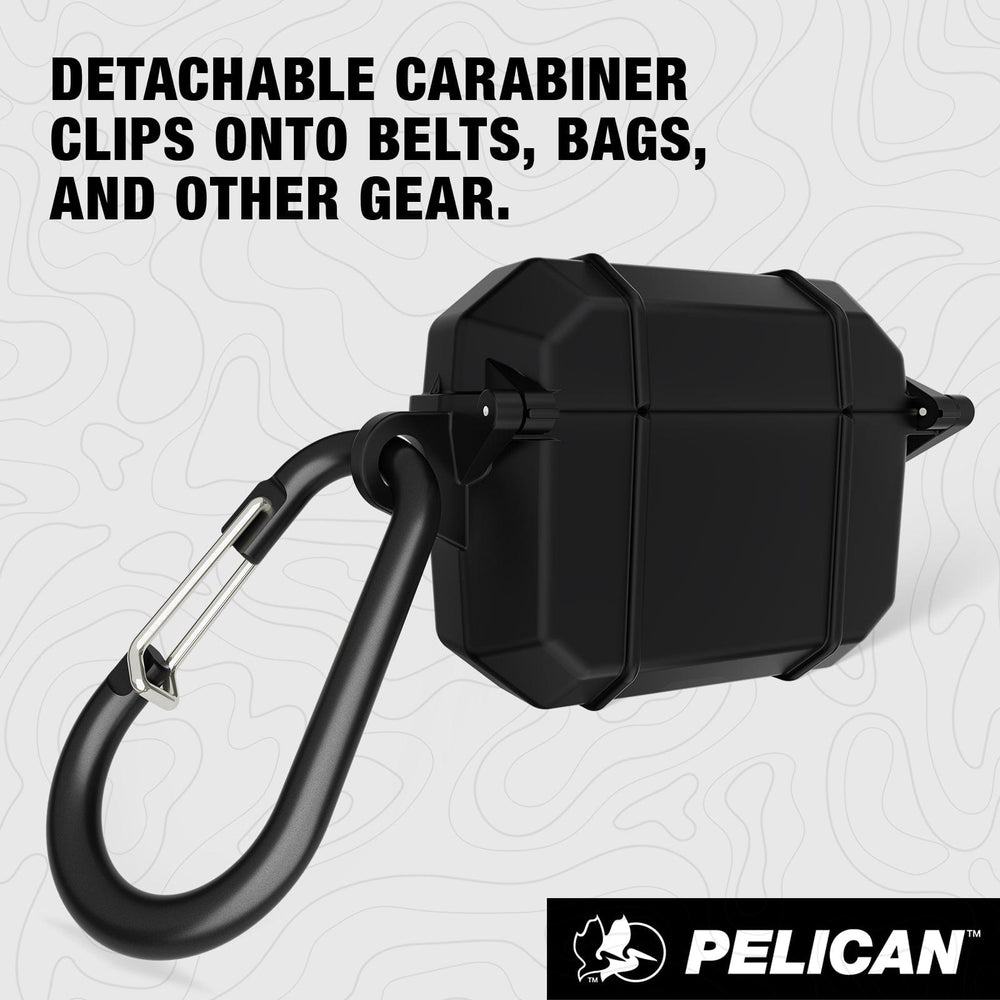 Black protective case for AirPods Pro with detachable carabiner clip.