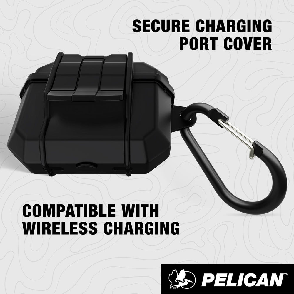 Black rugged AirPods Pro case with secure charging port cover and attached carabiner clip.