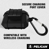Black rugged AirPods Pro case with secure charging port cover and attached carabiner clip.