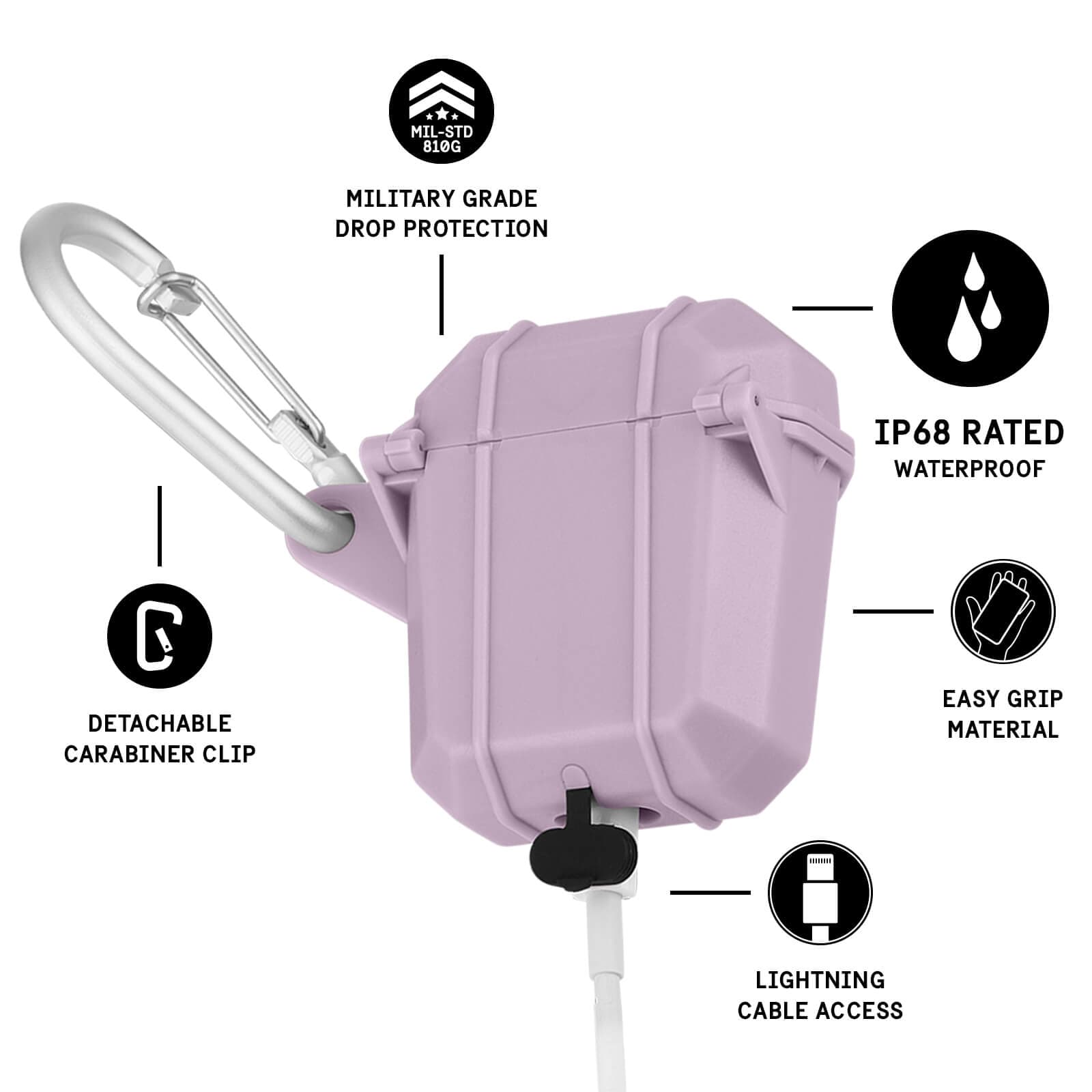 Features military grade drop protection, detachable carabiner clip, lightning cable access, easy grip material, IP68 rated waterproof. color::Mauve