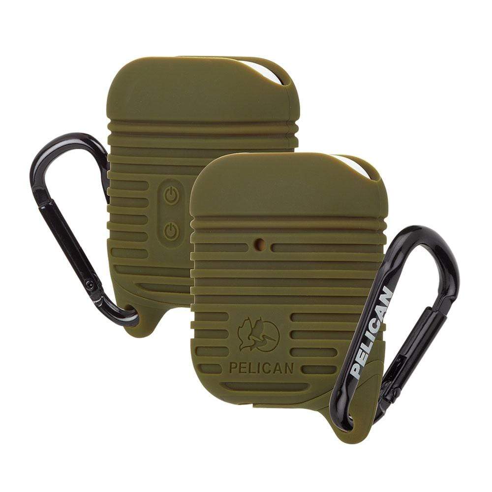 Front and back view of Pelican Protector AirPods case. color::Olive Green