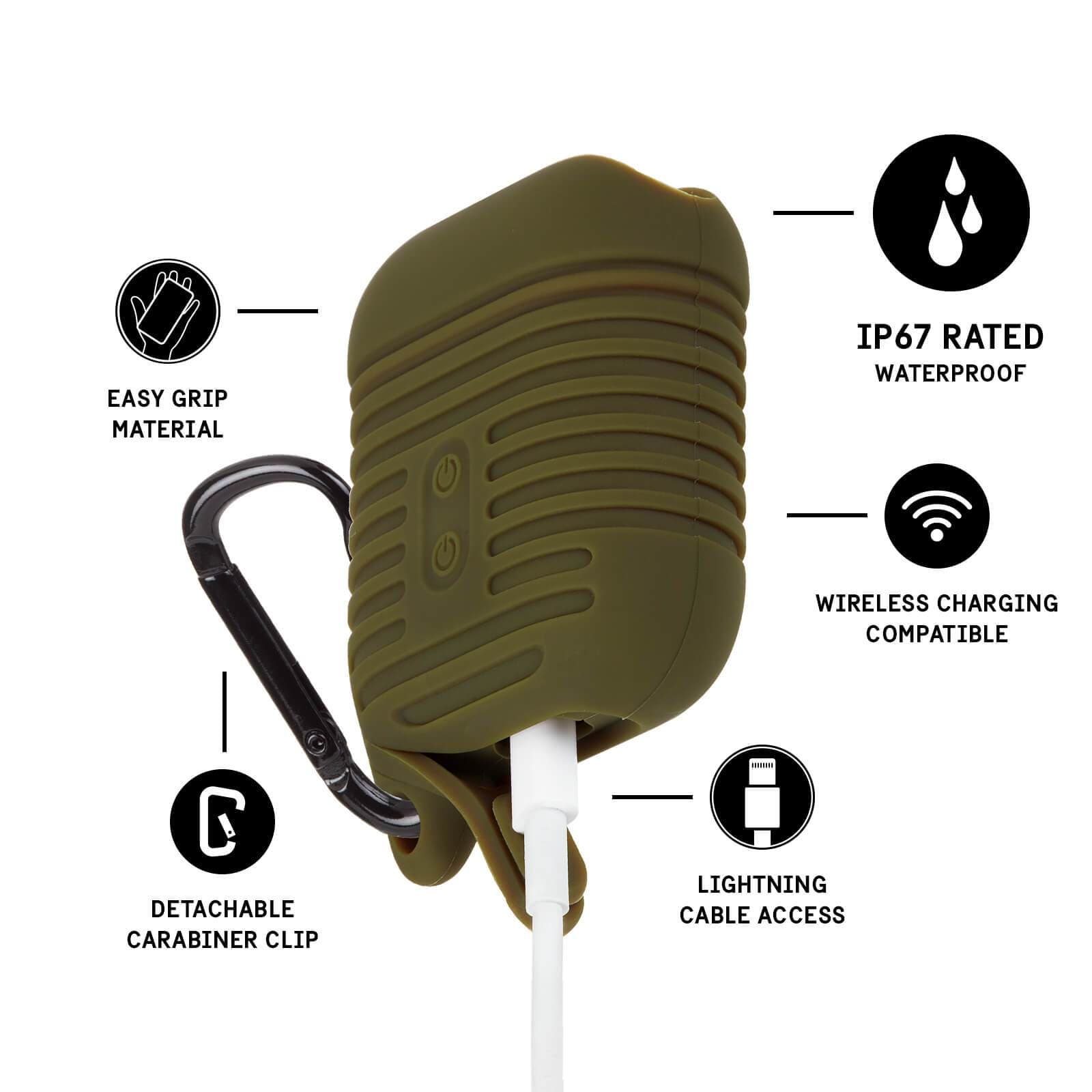 Features easy grip material, detachable carabiner clip, IP67 rated waterproof, wireless charging compatible, lightning cable access. color::Olive Green