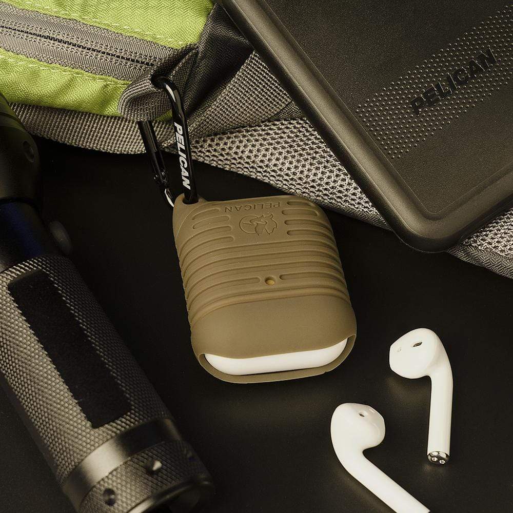 Pelican Protector AirPods case hooked onto bag. color::Olive Green