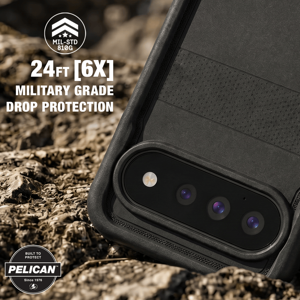 A rugged black Pelican phone case shown close-up outdoors on rocky ground, with text reading '24FT [6X] MILITARY GRADE DROP PROTECTION' and Pelican branding.