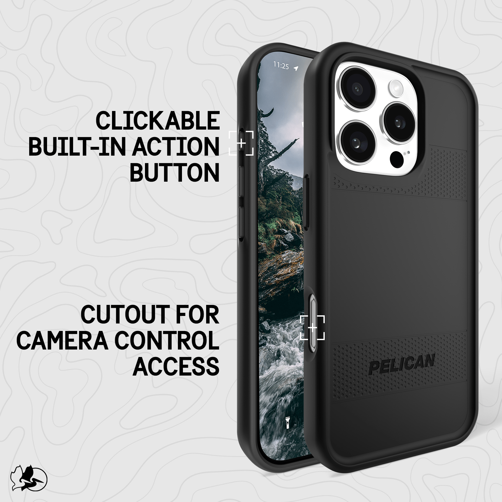 CLICKABLE BUILT IN ACTION BUTTON. CUTOUT FOR CAMERA CONTROL ACCESS.