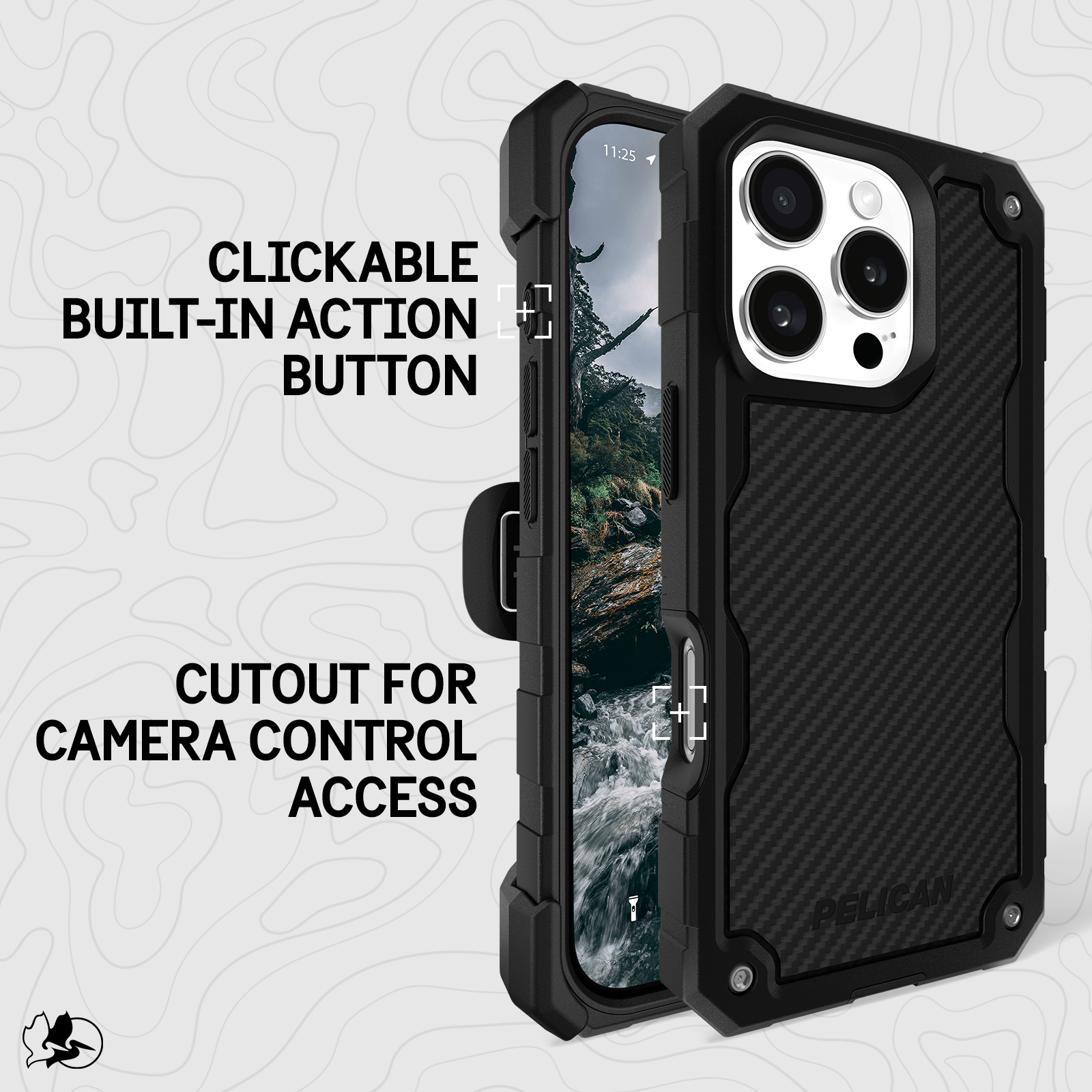 CLICKABLE BUILT IN ACTION BUTTON. CUTOUT FOR CAMERA CONTROL ACCESS. 