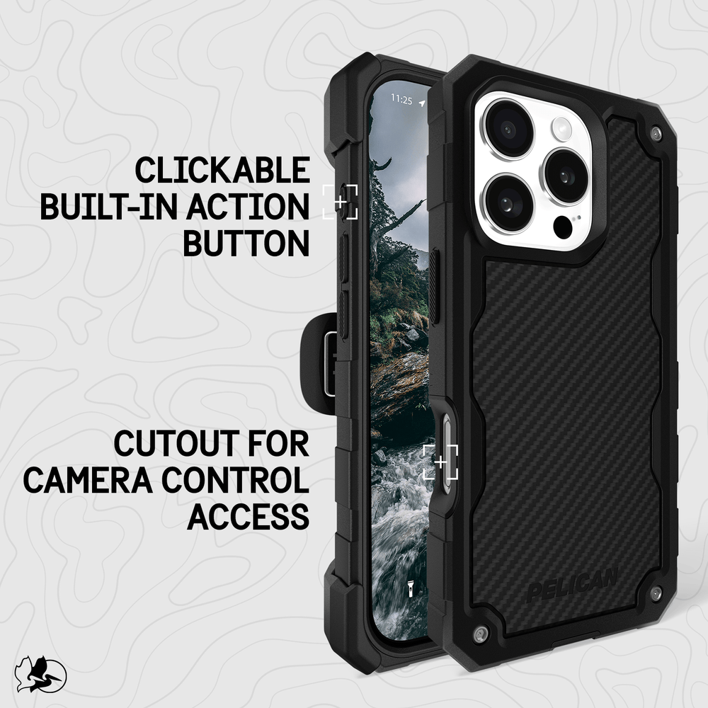 CLICKABLE BUILT IN ACTION BUTTON. CUTOUT FOR CAMERA CONTROL ACCESS. 