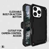 CLICKABLE BUILT IN ACTION BUTTON. CUTOUT FOR CAMERA CONTROL ACCESS. 
