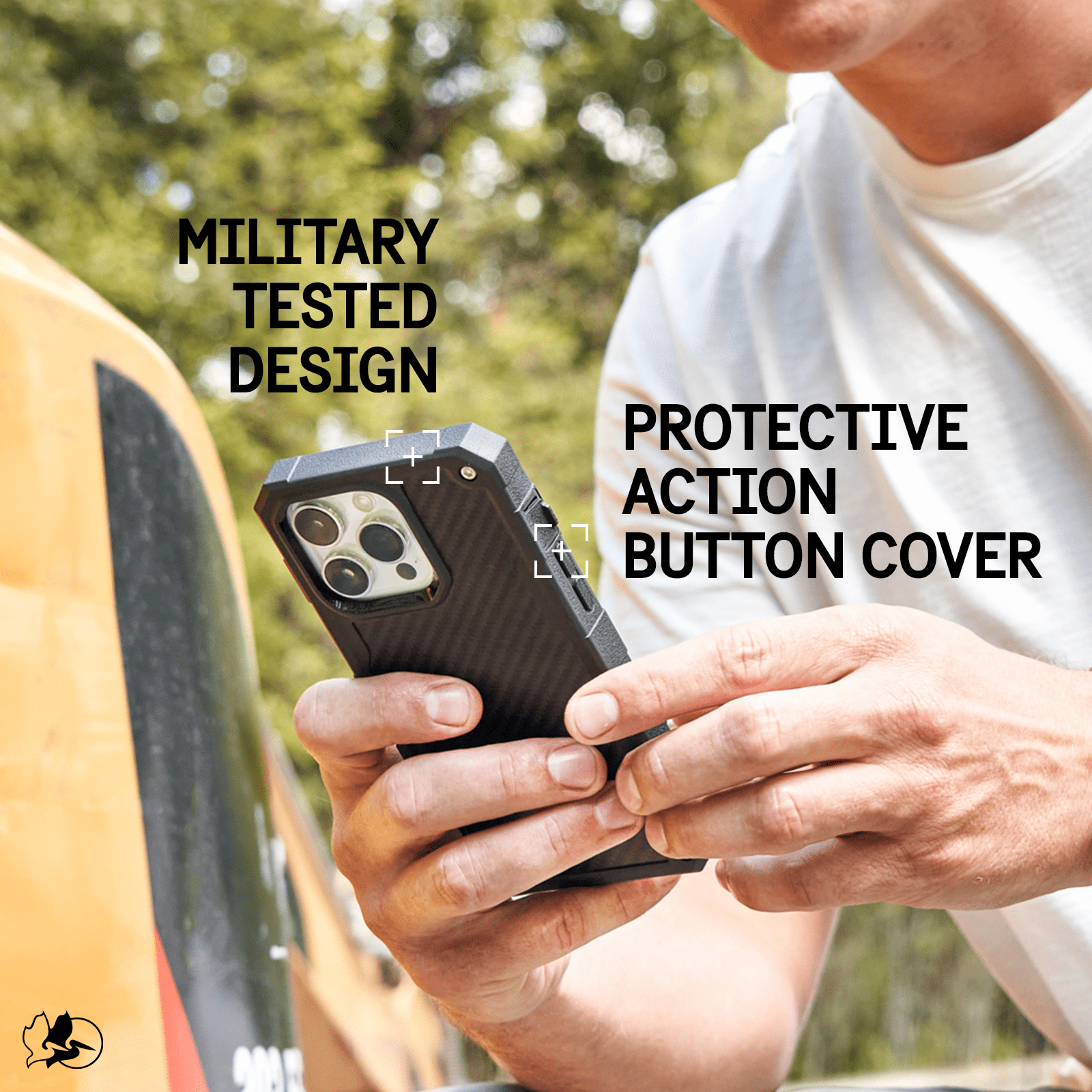 MILITARY TESTED DESIGN. PROTECTIVE ACTION BUTTON COVER. 