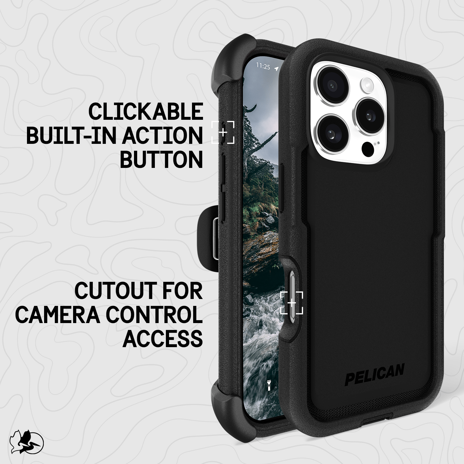 CLICKABLE BUILT IN ACTION BUTTON. CUTOUT FOR CAMERA CONTROL ACCESS. 