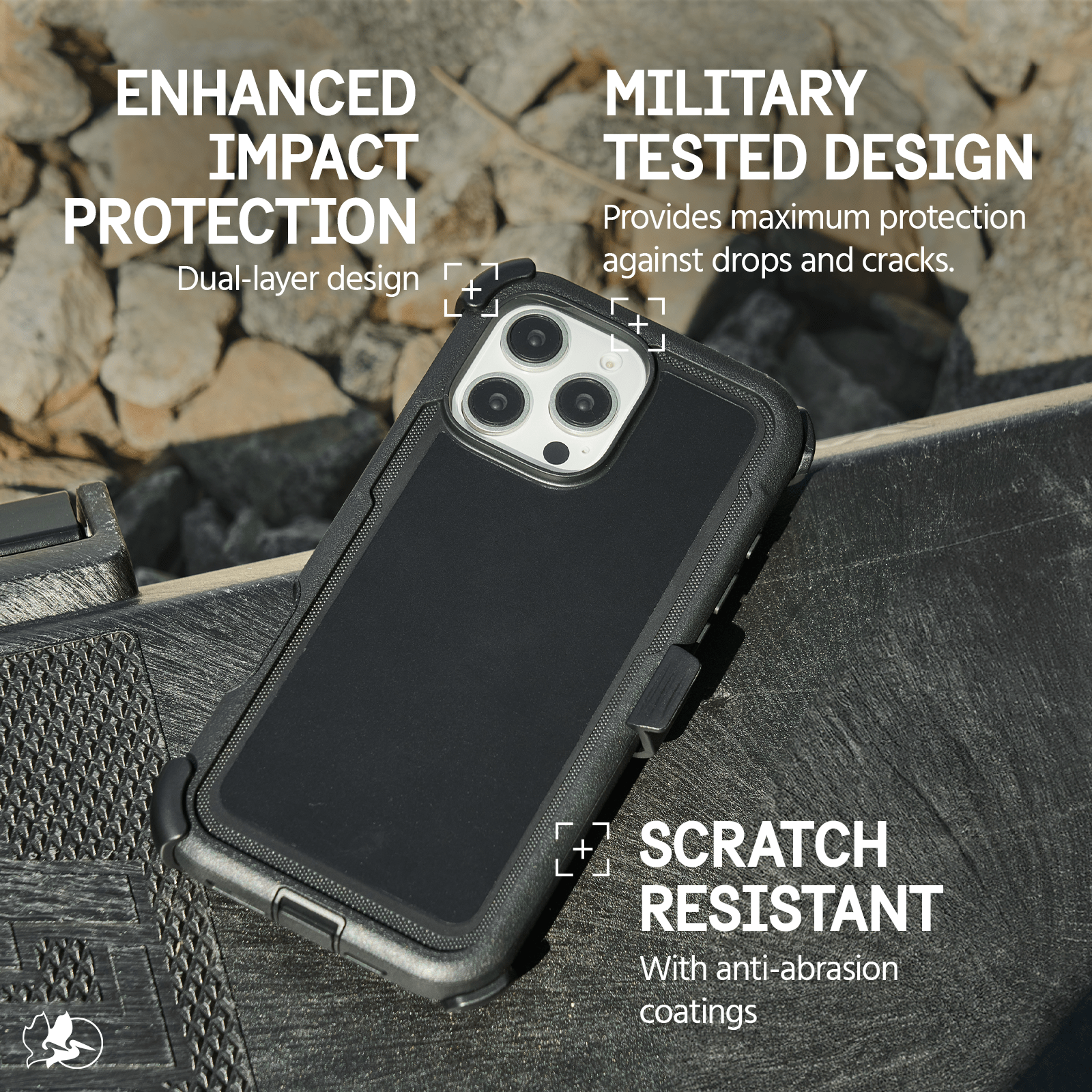 ENHANCED IMPACT PROTECTION. DUAL LAYER DESIGN. MILITARY TESTED DESIGN. PROVIDES MAXIMUM PROTECTION AGAINST DROPS AND CRACKS. SCRATCH RESISTANT WITH ANTI ABRASION COATINGS.