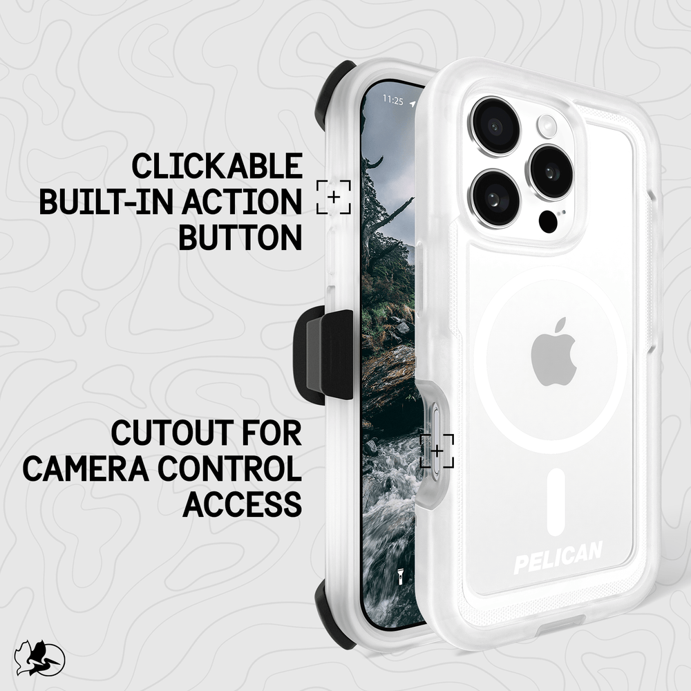CLICKABLE BUILT IN ACTION BUTTON. CUTOUT FOR CAMERA CONTROL ACCESS. 
