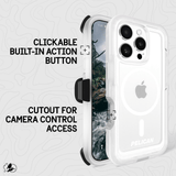 CLICKABLE BUILT IN ACTION BUTTON. CUTOUT FOR CAMERA CONTROL ACCESS. 
