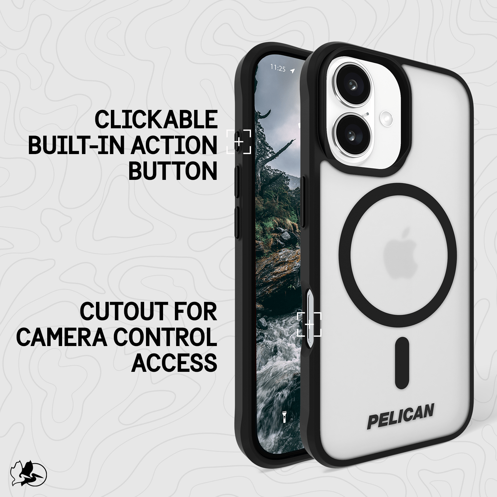CLICKABLE BUILT-IN ACTION BUTTON. CUTOUT PROVIDES CONVENIENT ACCESS TO CAMERA CONTROL
