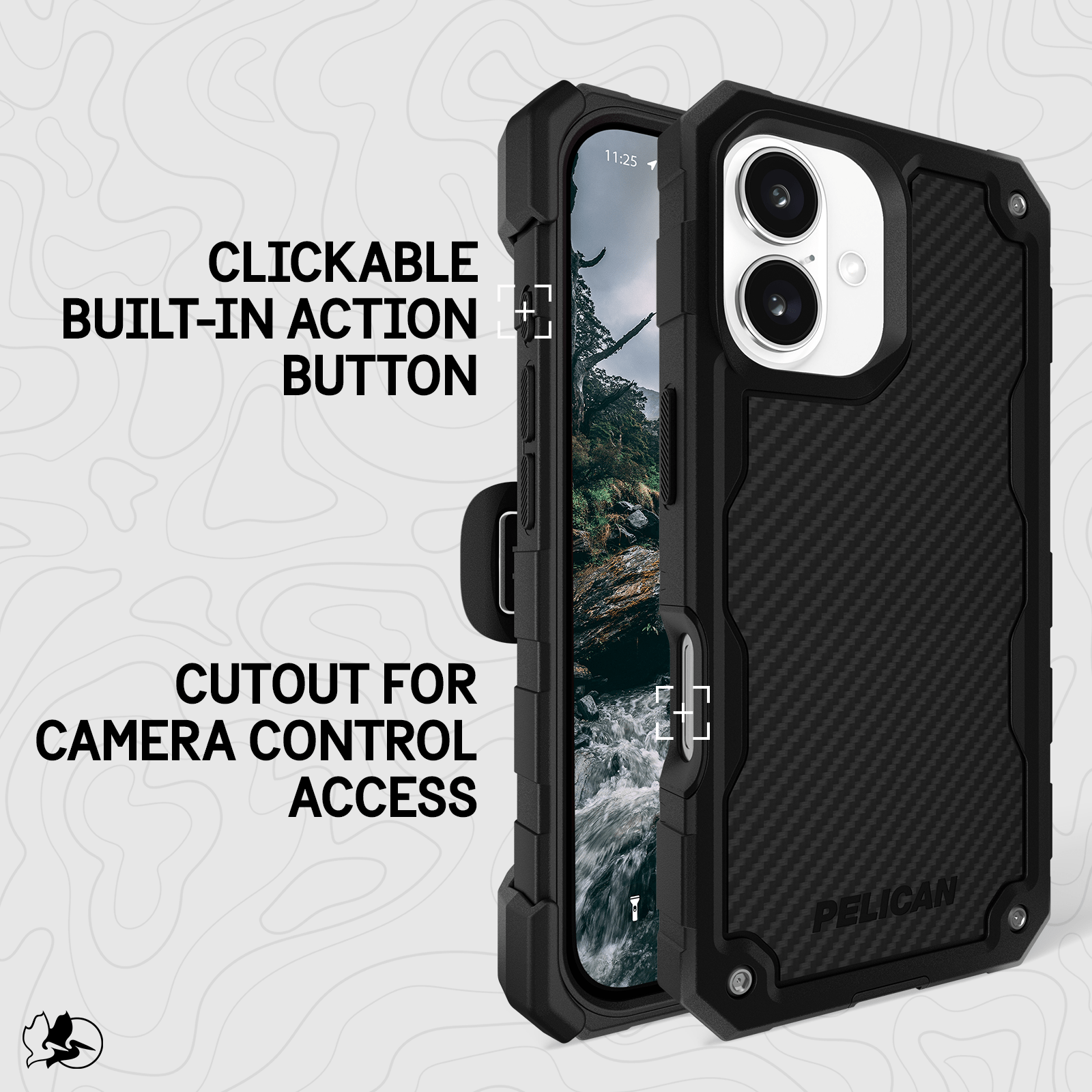 CLICKABLE BUILT-IN ACTION BUTTON. CUTOUT PROVIDES CONVENIENT ACCESS TO CAMERA CONTROL
