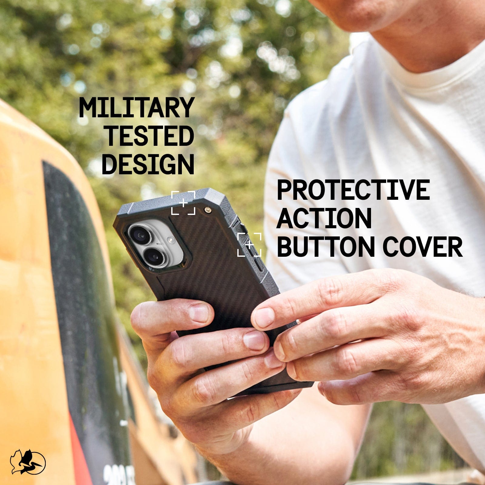 MILITARY TESTED DESIGN. PROTECTIVE ACTION BUTTON COVER