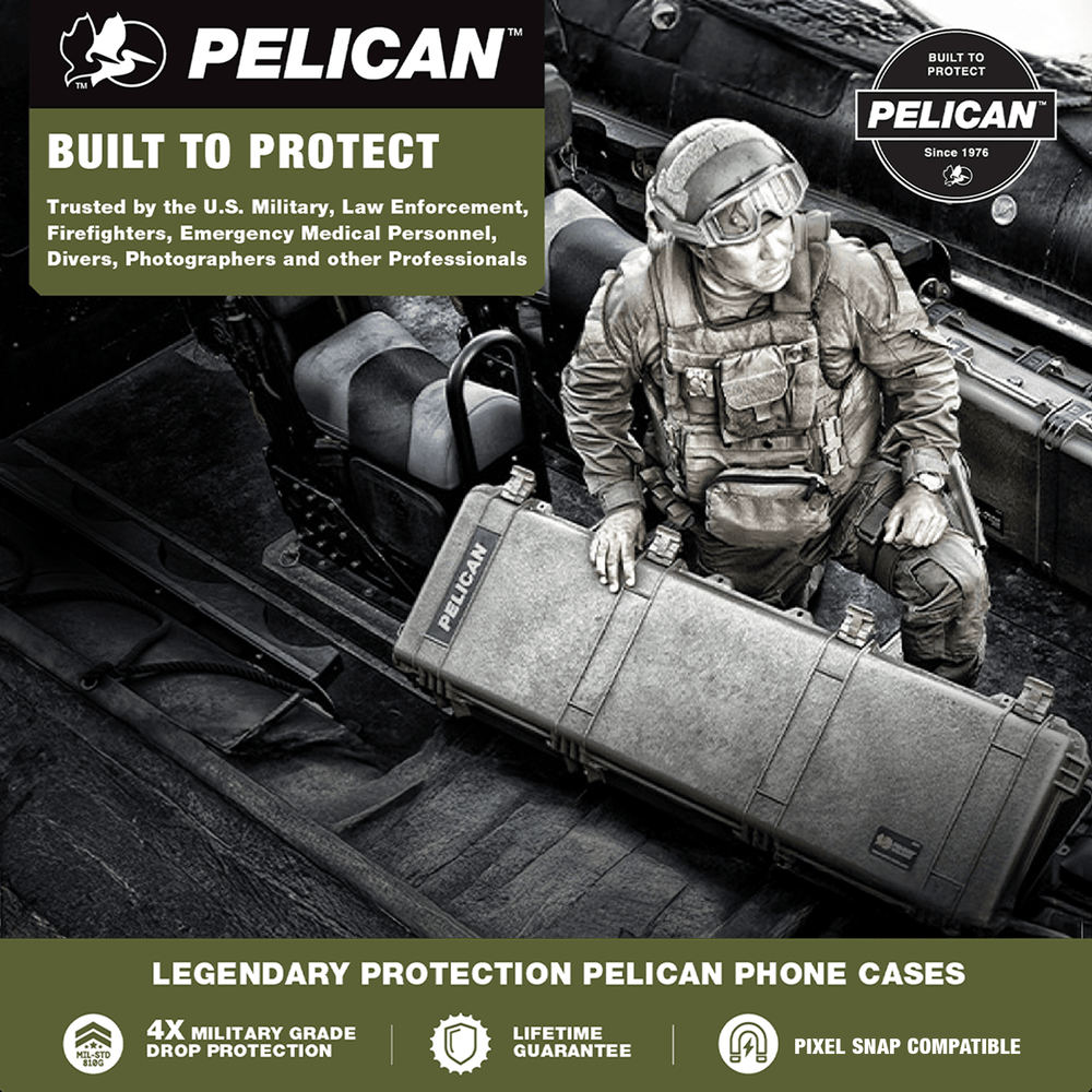 Built to Protect, Trusted by the U.S. Military, Law Enforcement, Firefighters, Emergency Medical Personnel, Divers, Photographers, and other professionals. Legendary protection pelican phone cases. 4x Military grade drop protection. Lifetime Guarantee. Pixel Snap Compatible