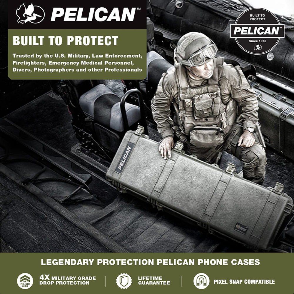 Built to Protect, Trusted by the U.S. Military, Law Enforcement, Firefighters, Emergency Medical Personnel, Divers, Photographers, and other professionals. Legendary protection pelican phone cases. 4x Military grade drop protection. Lifetime Guarantee. Pixel Snap Compatible