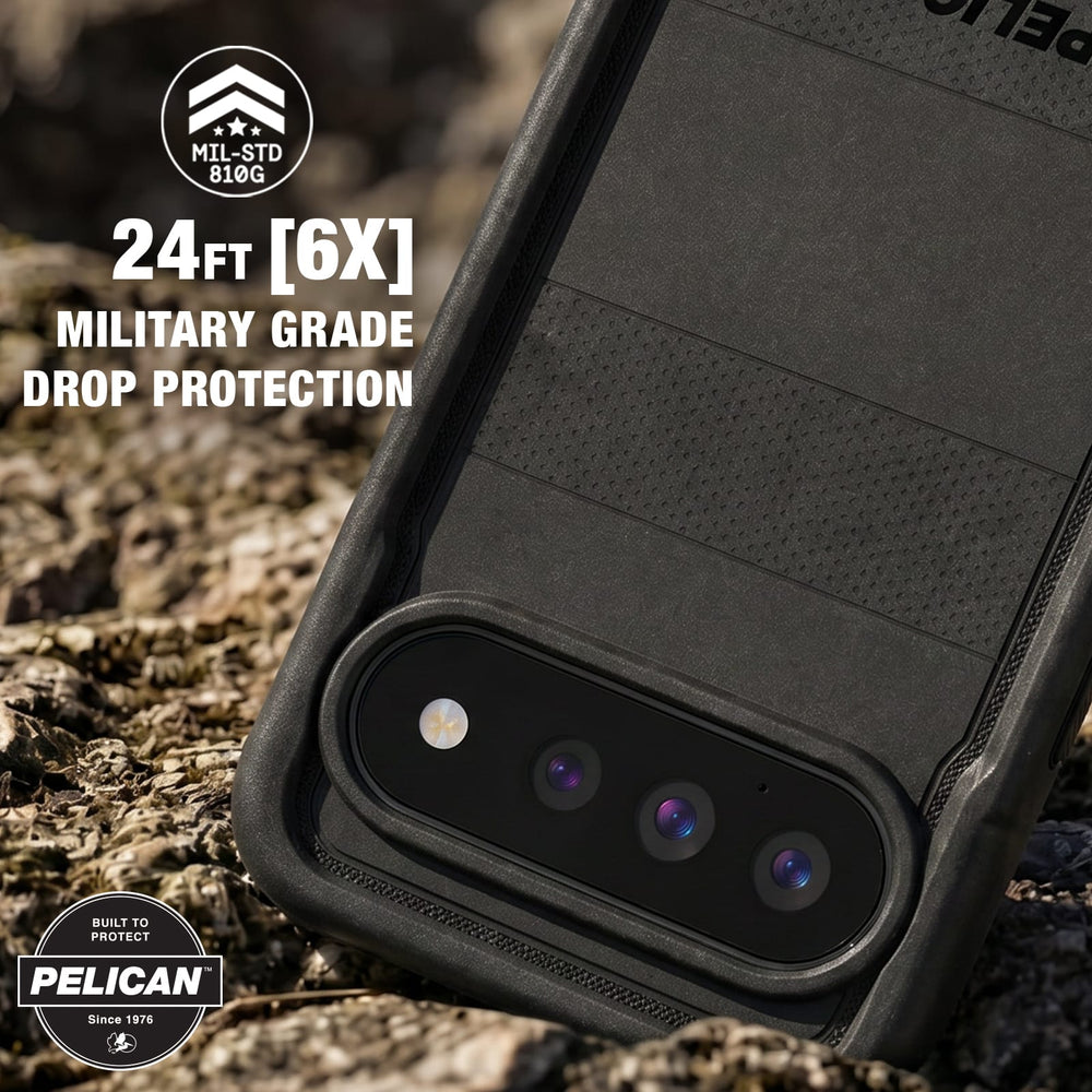 Black Pelican military-grade drop protection phone case shown on a smartphone, set against a rugged outdoor rocky background. The image includes text overlays highlighting '24FT [6X] MILITARY GRADE DROP PROTECTION' and a 'PELICAN Built to Protect' badge.