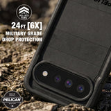 Black Pelican military-grade drop protection phone case shown on a smartphone, set against a rugged outdoor rocky background. The image includes text overlays highlighting '24FT [6X] MILITARY GRADE DROP PROTECTION' and a 'PELICAN Built to Protect' badge.