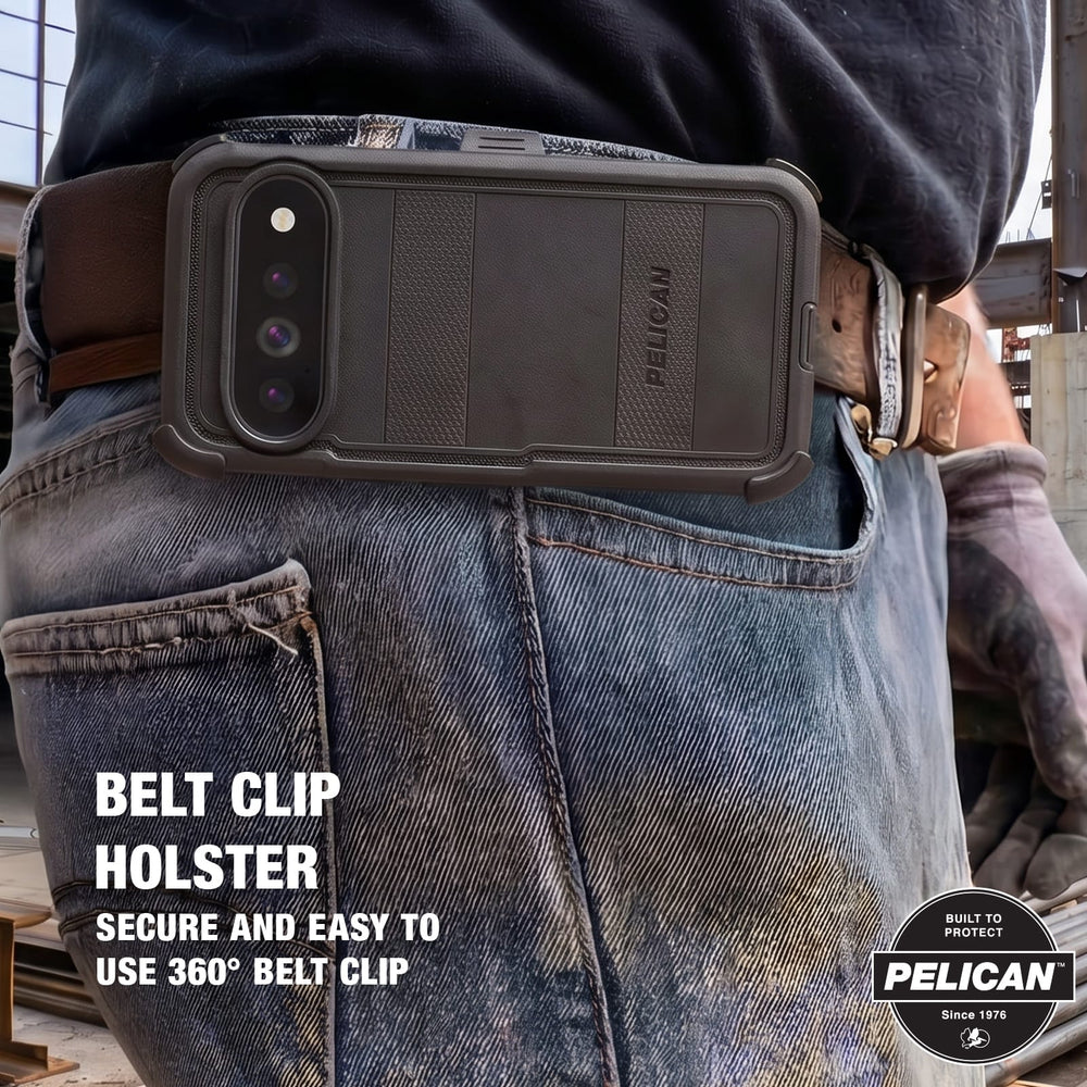 A Pelican belt clip holster shown in use on a person's waist, attached to a brown leather belt and black phone case, with jeans and gloves visible in a workshop setting. Text on the image reads 'BELT CLIP HOLSTER SECURE AND EASY TO USE 360° BELT CLIP'.