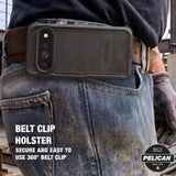 A Pelican belt clip holster shown in use on a person's waist, attached to a brown leather belt and black phone case, with jeans and gloves visible in a workshop setting. Text on the image reads 'BELT CLIP HOLSTER SECURE AND EASY TO USE 360° BELT CLIP'.