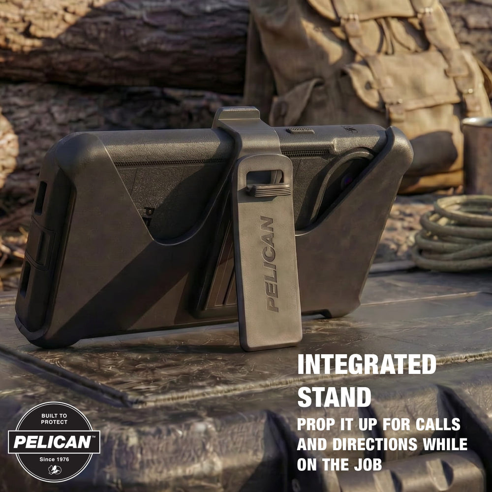 Integrated Stand. Prop it up for calls and directions while on the job