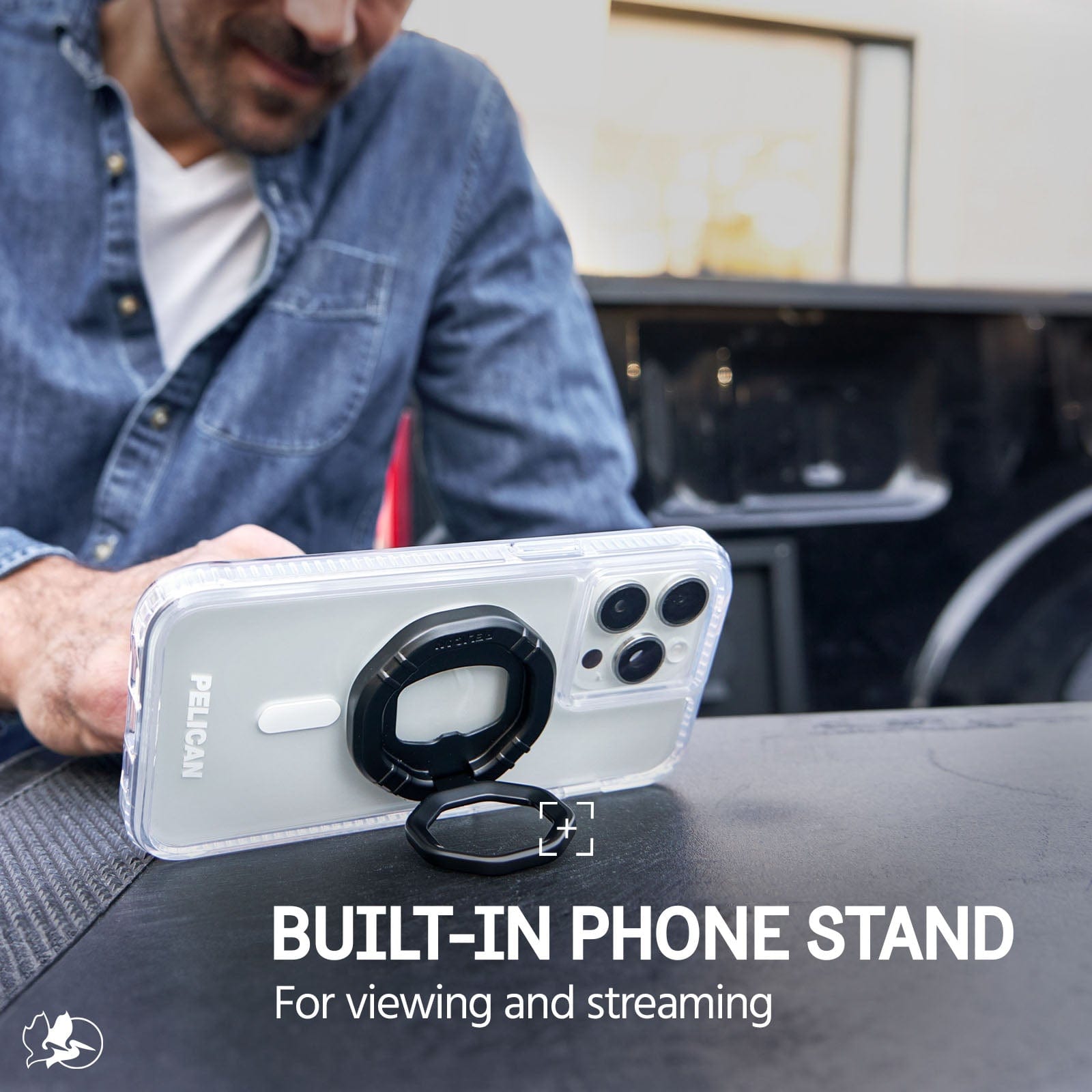 BUILT IN PHONE STAND FOR VIEWING AND STREAMING