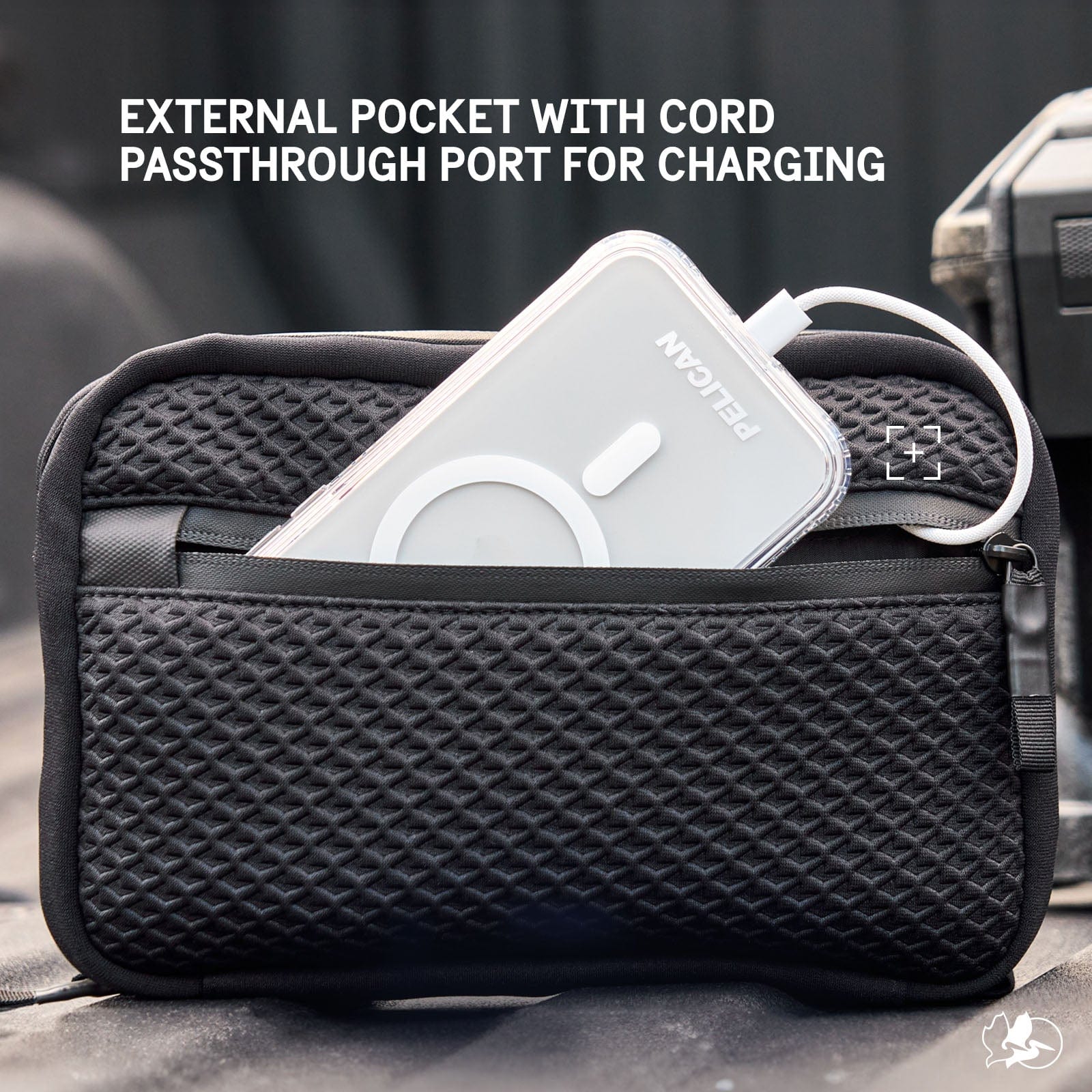 EXTERNAL POCKET WITH CORD PASSTHROUGH FOR CHARGING