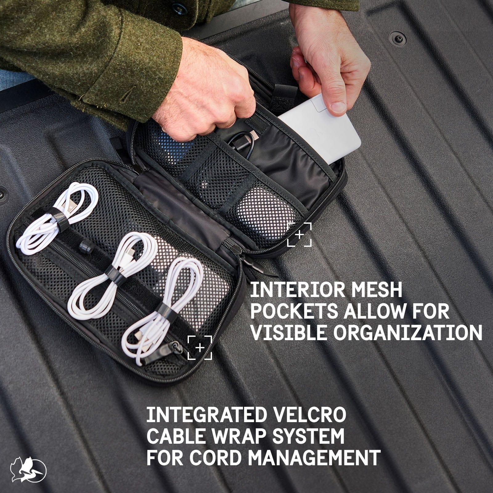 INTERIOR MESH POCKETS ALLOW FOR VISIBLE ORGANIZATION. INTEGRATED VELCRO CABLE WRAP SYSTEM FOR CORD MANAGEMENT