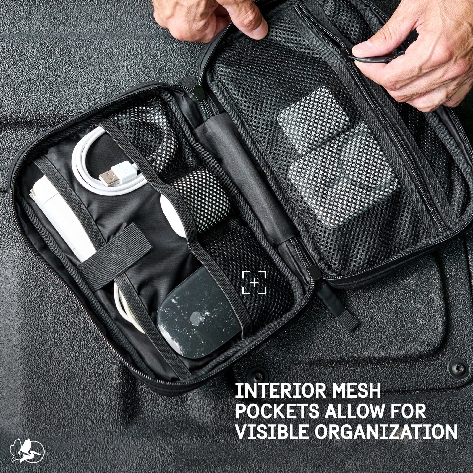 INTERIOR MESH POCKETS ALLOW FOR VISIBLE ORGANIZATION