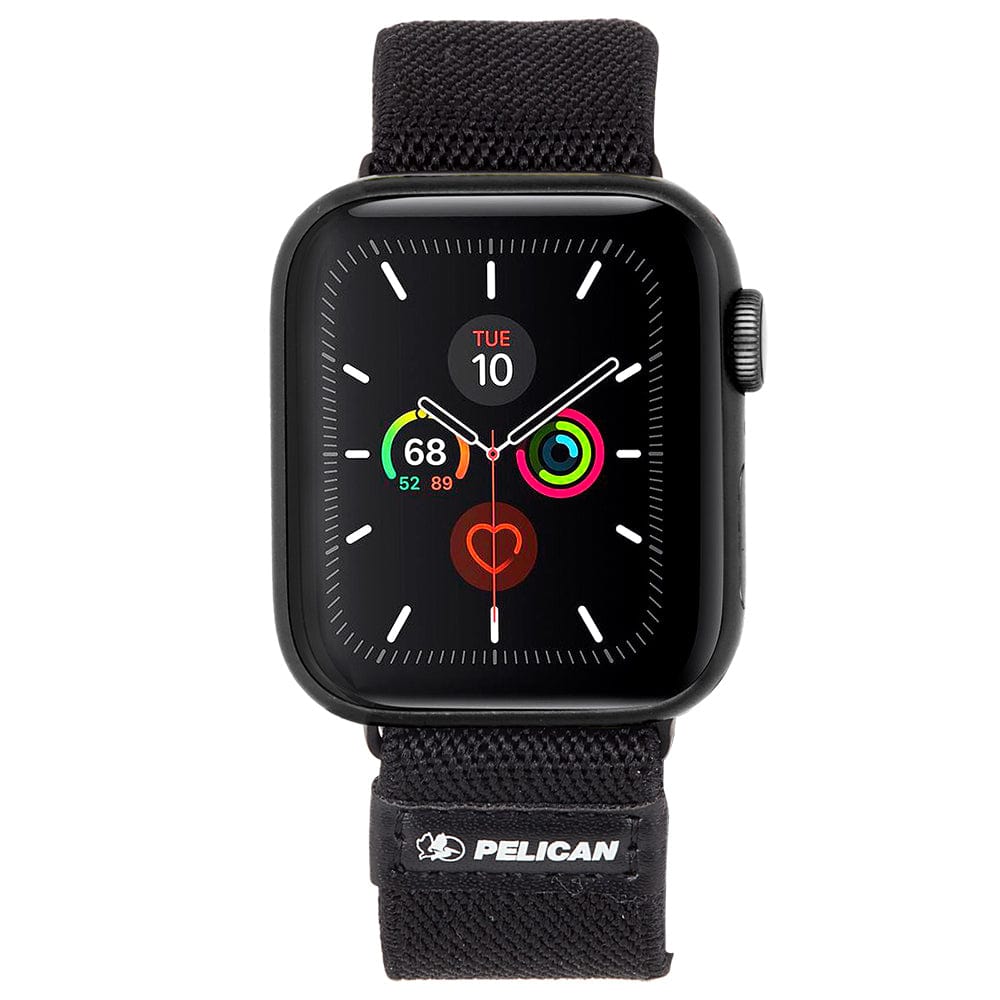 Black woven Apple Watch band with Pelican logo, displayed on smartwatch with black case and activity rings dial.