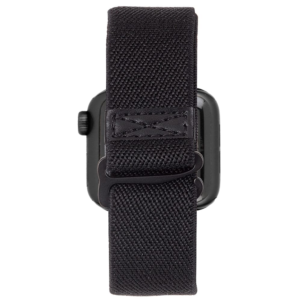 Black woven fabric Apple Watch band with dark plastic connector hardware and adjustable closure straps.