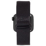 Black woven fabric Apple Watch band with dark plastic connector hardware and adjustable closure straps.